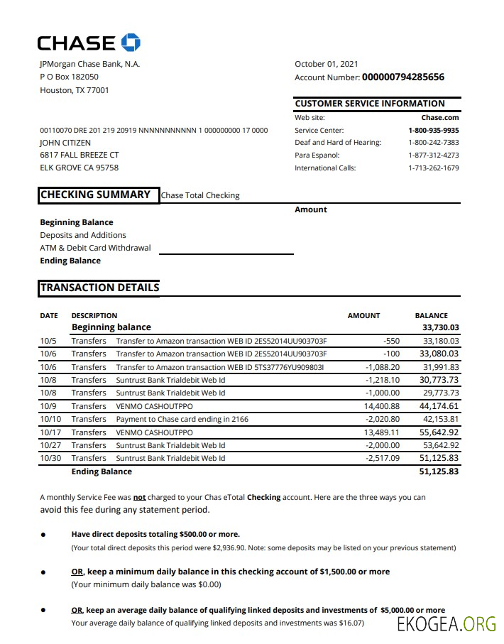 Relevé de compte USA Chase